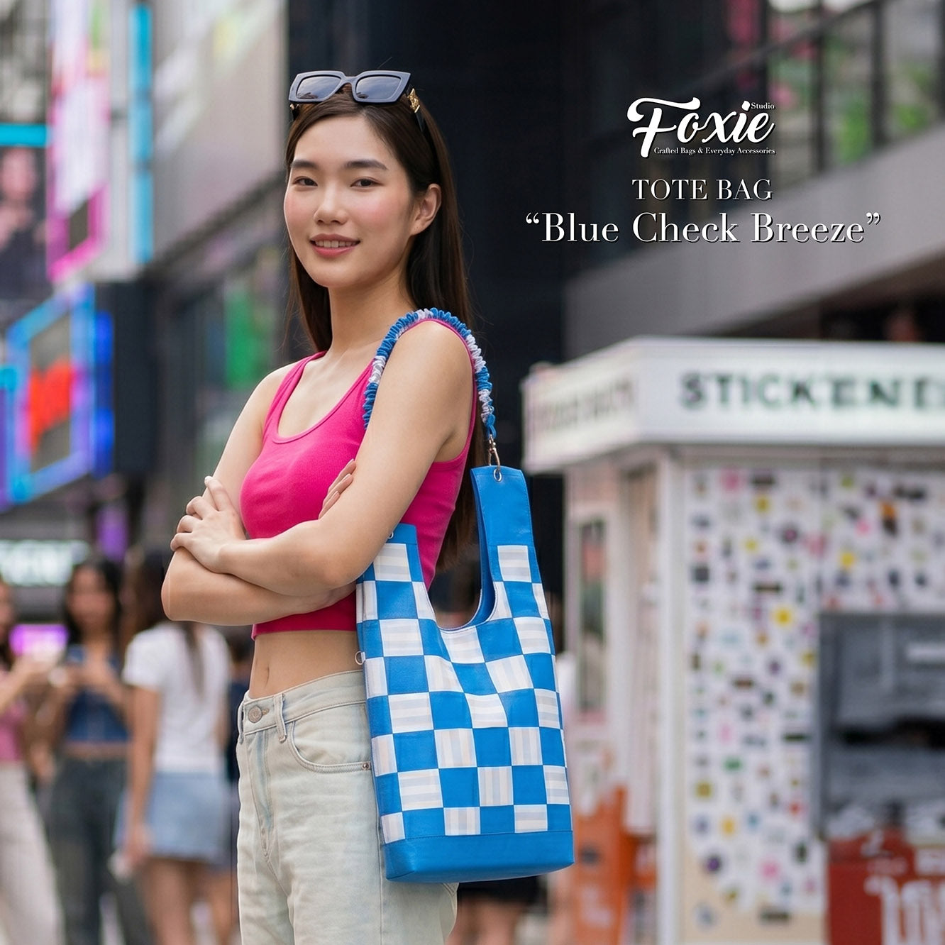 Tote Bags : Blue Checkered Stripe - Blue/White