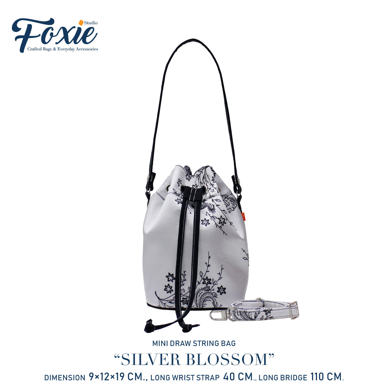 Mini Drawstring Bag : Silver Bloossom-Black/Silver