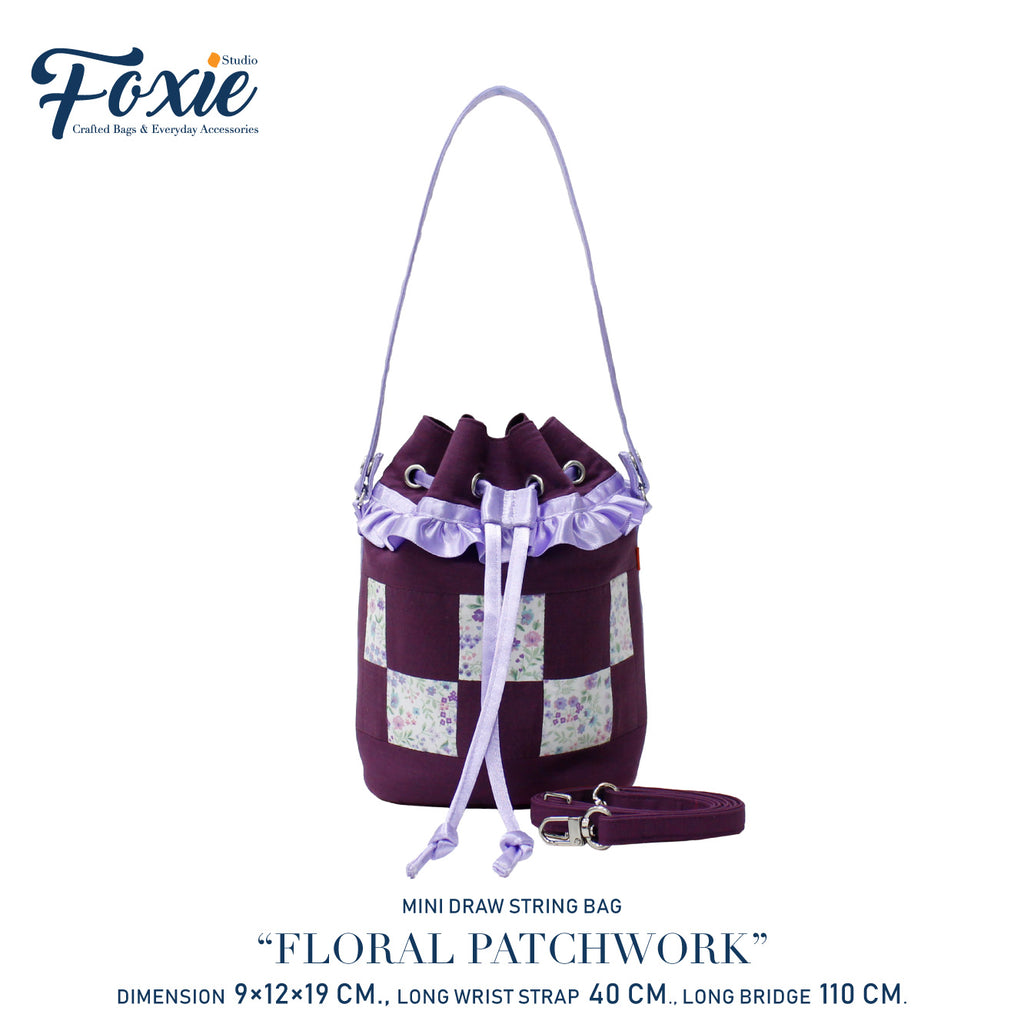 Mini Drawstring Bag : Purple Floral Patchwork - Purple