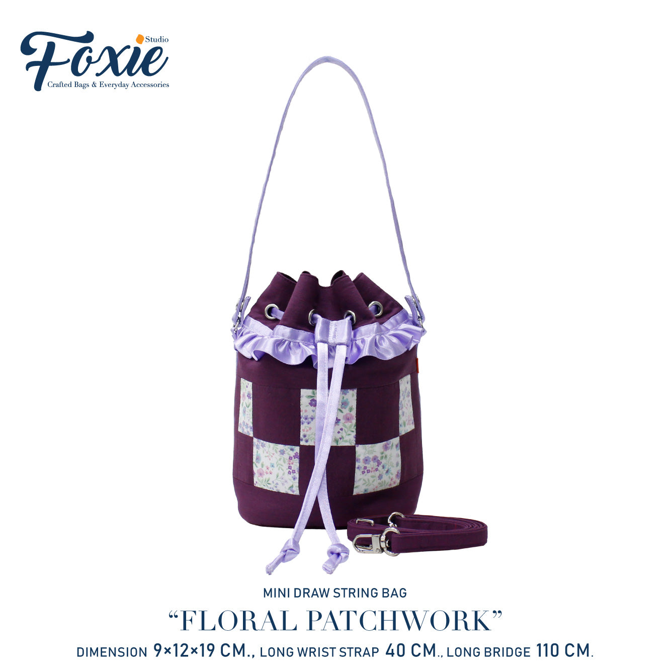 Mini Drawstring Bag : Purple Floral Patchwork - Purple