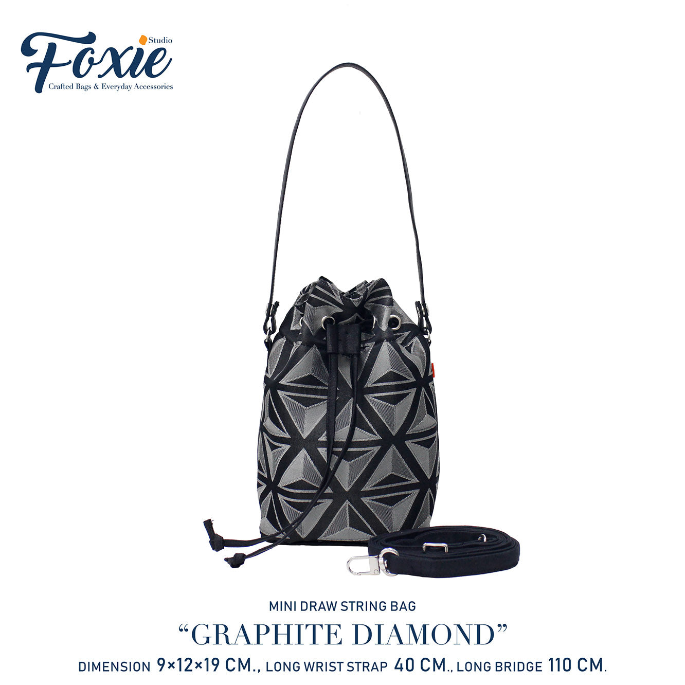 Mini Drawstring Bag : Graphite Diamond-Black/Silver