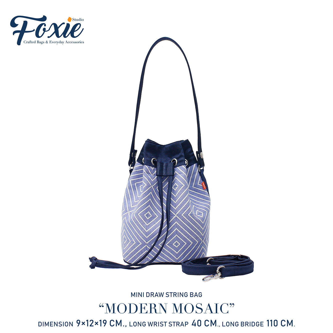 Mini Drawstring Bag : Modern Mosaic-Blue/White