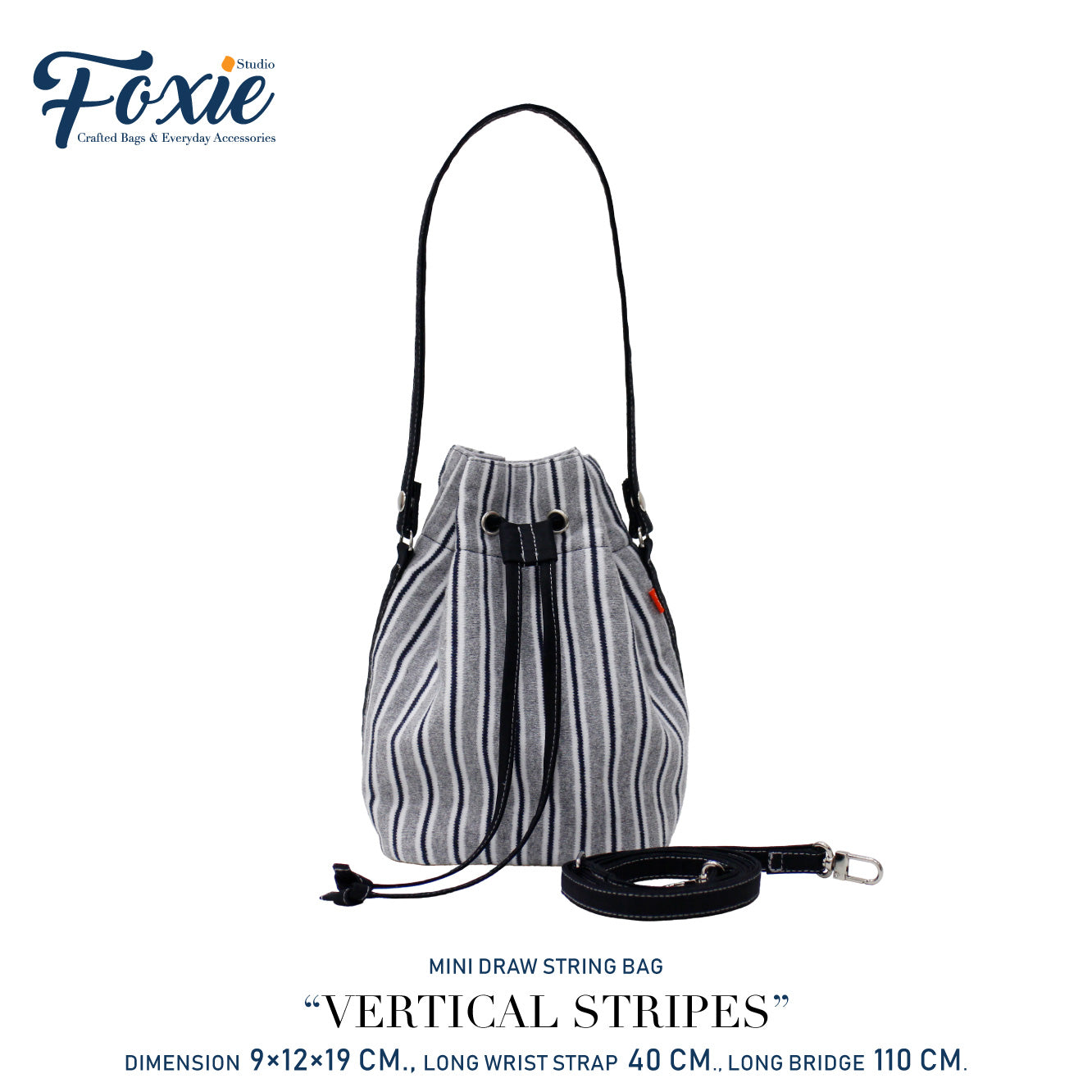 Mini Drawstring Bag : Grey/Black Vertical Stripe