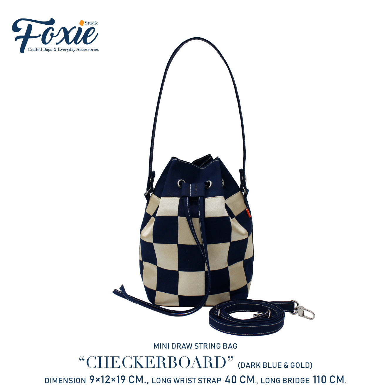 Mini Drawstring Bag : Earth Blue/Gold Checkboard