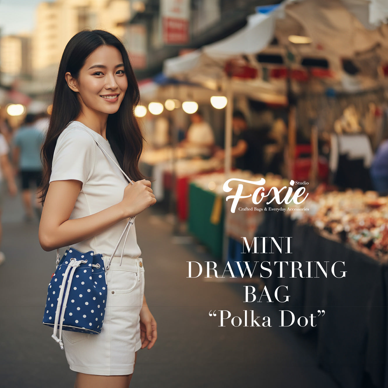 Mini Drawstring Bag : Earth Blue Polka Dot