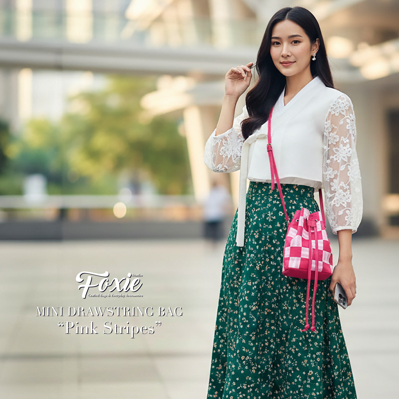 Mini Drawstring Bag : Pink Checkered Stripe