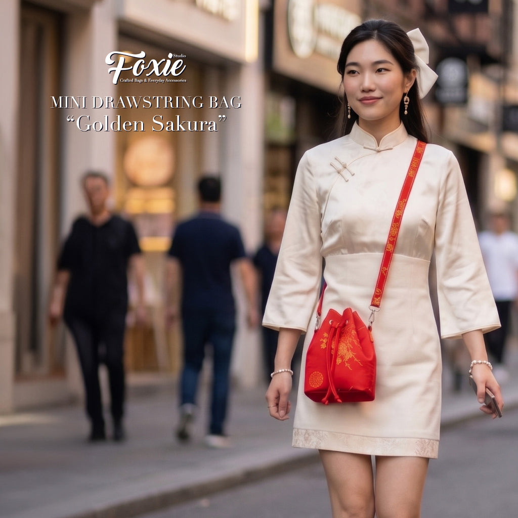 Mini Drawstring Bag : Crimson Fortune-Red Flower