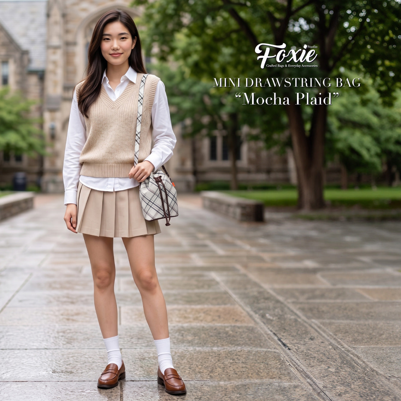 Mini Drawstring Bag : Plaid Classic -Mocha
