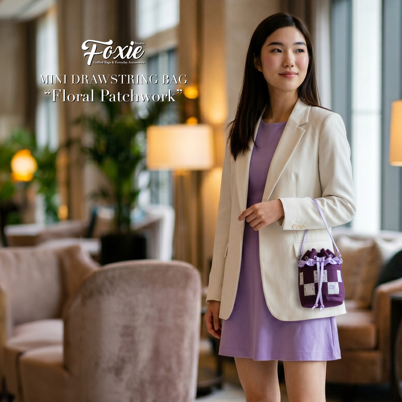 Mini Drawstring Bag : Purple Floral Patchwork - Purple