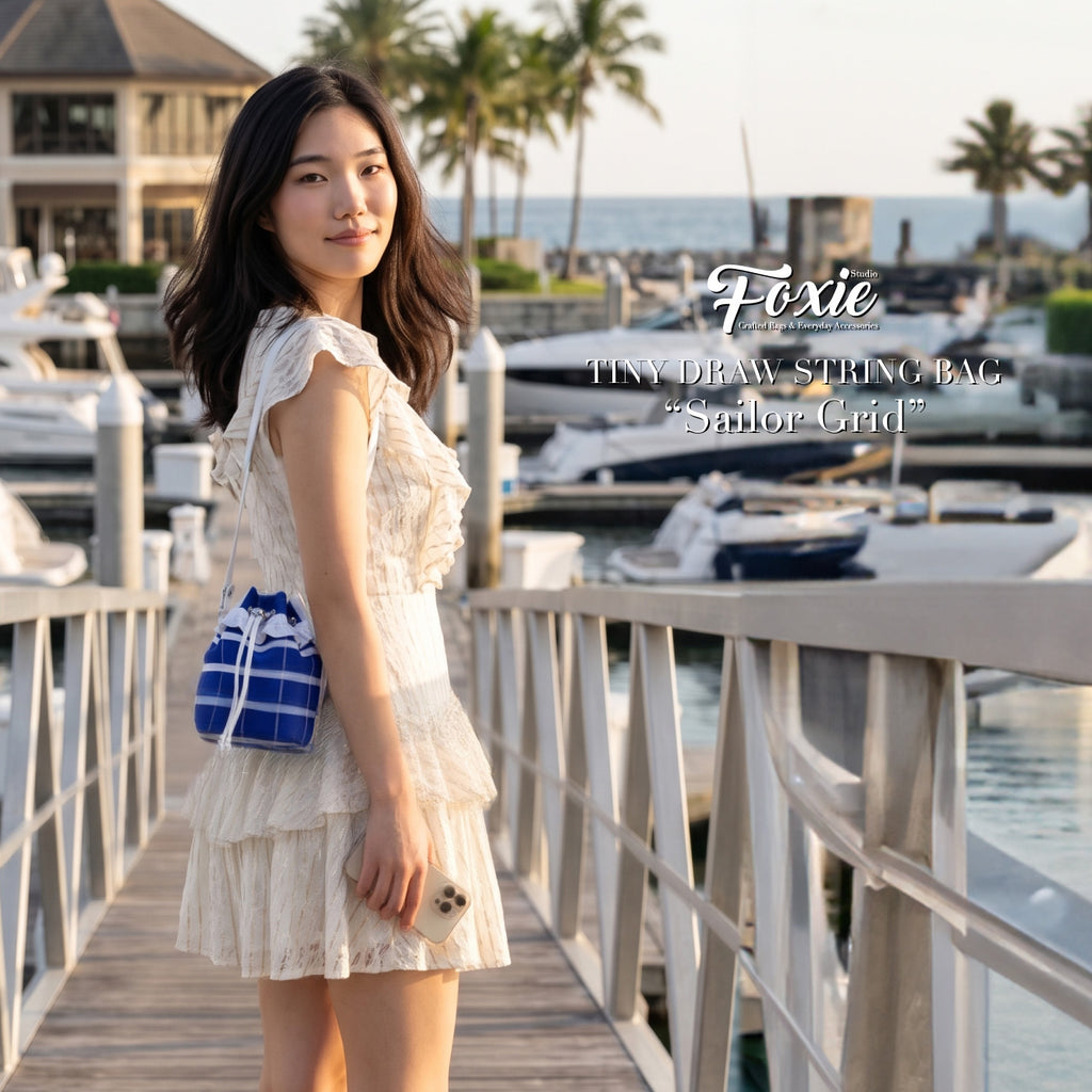Tiny Drawstring Bags : Blue Sailor Grid - Blue/white Ruffle Stripe